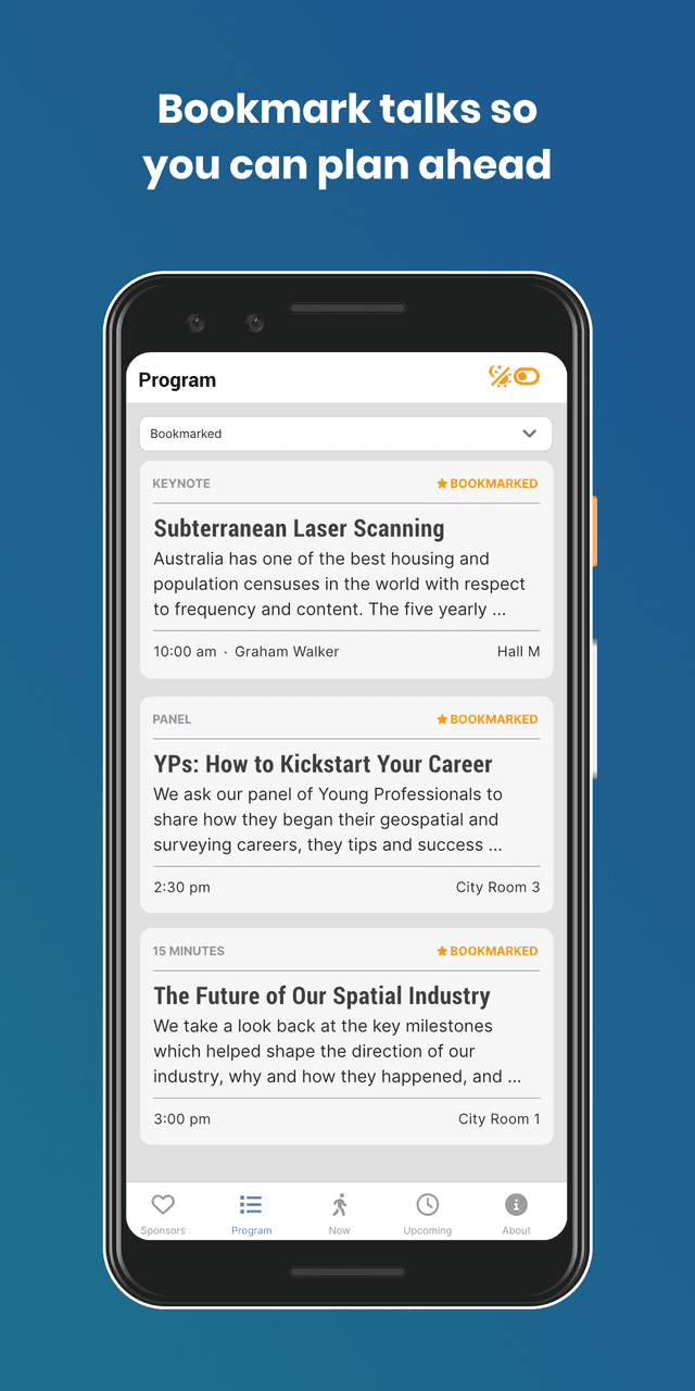 Bookmarking a talk will add a star on the top right